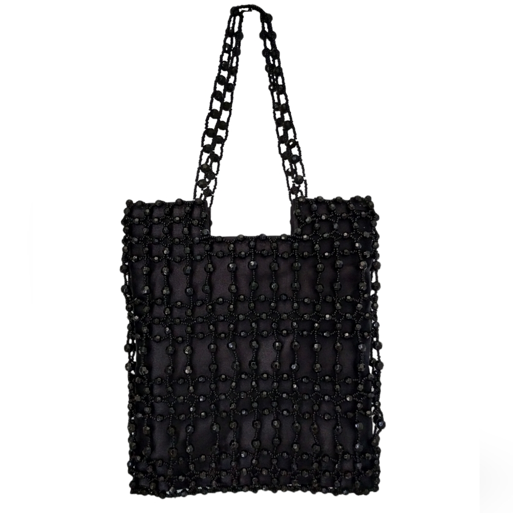 Vintage Giorgio Beverly Hills Black Beaded Evening Bag Satin Silk Purse